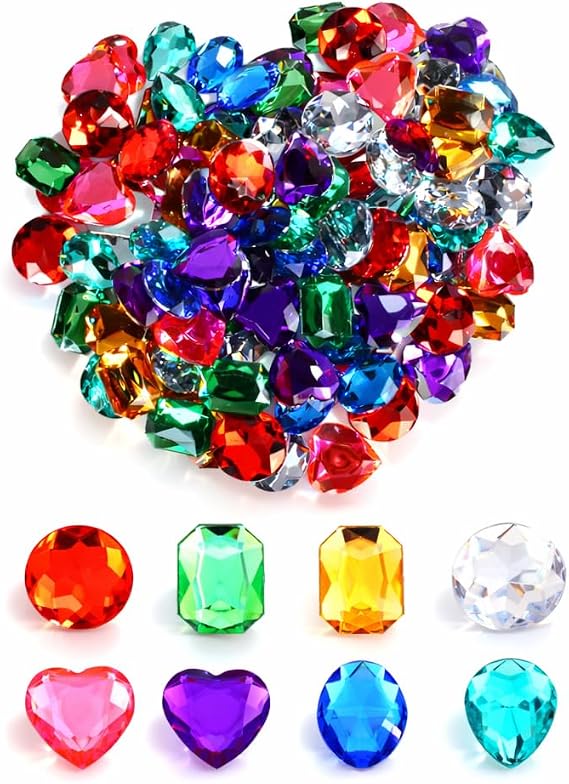 128Pcs Large 1 Inch Acrylic Diamond Jewels for Crafts, Flat Back Gems with 140 Adhesive Dots, Stick on Pirate Treasure Chest Fillers, Assorted Colorful Stones for DIY Projects