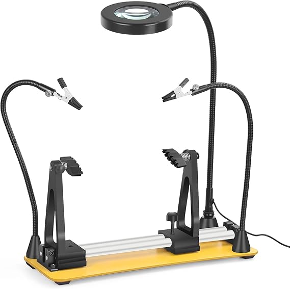 Magnetic Helping Hands Soldering Station, Adjustable 360 Flipping with 3x Magnifying Glass 2 Flexible Gooseneck Arms, Circuit Board Holder for Clamping PCB, Soldering, Desoldering and Repair