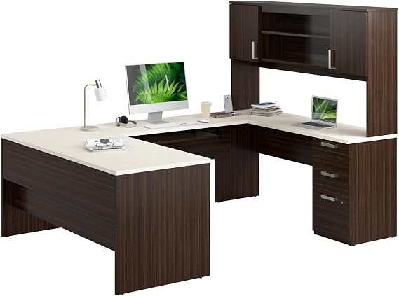 Bestar U-Shaped Desk with Hutch and Drawers, White Chocolate, Ridgeley, 65W