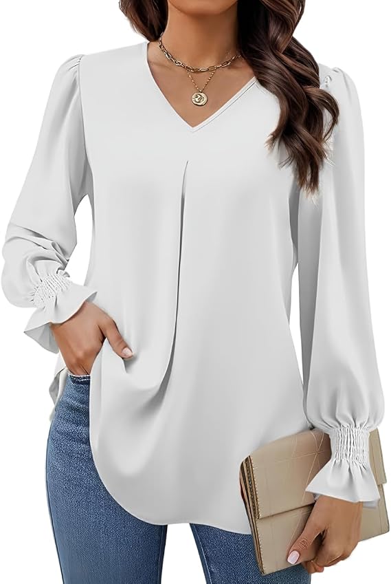 Women Blouses Elegant Casual Loose V-Neck Pleated Smocked Womans Fall Shirts Plain Lantern Long Sleeve Tunic Tops