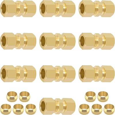 12 Inch Compression Fitting,10 Pcs Brass Compression Tube Pipe Fittings, 12 OD X 12 OD Compression Union Connectors & 10 Pcs Sleeves Ferrules Pack of 20