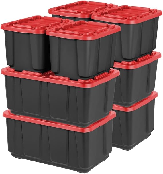 IRIS USA 12 Gallon (4 Pack) + 27 Gallon (4Pack) Heavy Duty Storage Bins with Lids, Snap On Lid Stackable Industrial Totes, Rugged Tubs, Garage Organization, Reusable - Total 8 Units - Black/Red