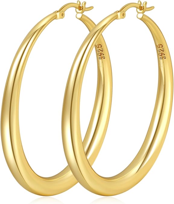 PABBEU Sterling Silver Hoop Earrings for Women Large Thick Chunky 35-70mm | S925 Hypoallergenic Nickel&Lead-Free Lightweight Big Sterling Silver Hoop Earrings High Polished Non-Tarnish Thick Hoops Gift