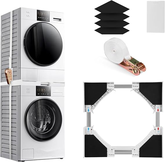 Universal Stacking Kit for Washer and Dryer, Adjustable Stacking Frame Kit Fit for 46-66 cm Washing Machine and Tumble Dryers, Stacking Shelf with Ratchet Ropes and Anti Vibration Feet