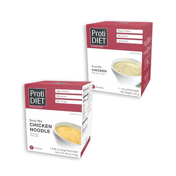 ProtiDIET High Protein Soup Bundle - Chicken Soup & Chicken Noodle Soup Mix - Low Sugar, Quick & Easy-to-Prepare Meal Replacement with Collagen - 7 Pouches Each