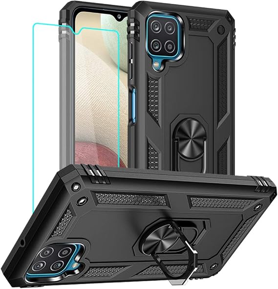 Yiakeng for Samsung A12 Phone Case with Screen Protector, Silicone Shockproof Military Grade Protective Phone Cover with Ring Kickstand for Samsung Galaxy A12 Case (Black)
