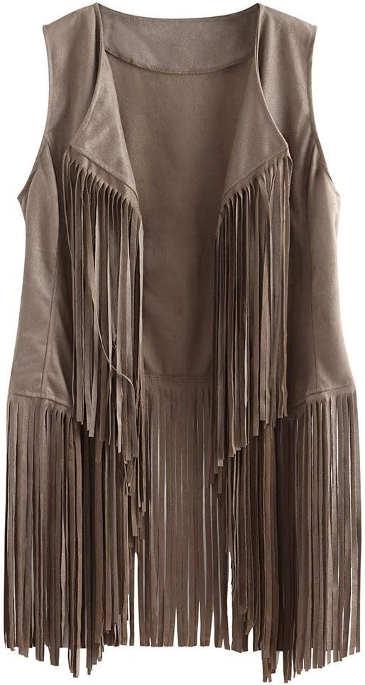 WUAI-Women Tassels Fringe Sleeveless Vest Faux Suede Vest Open Front Cardigan Waistcoat Jacket