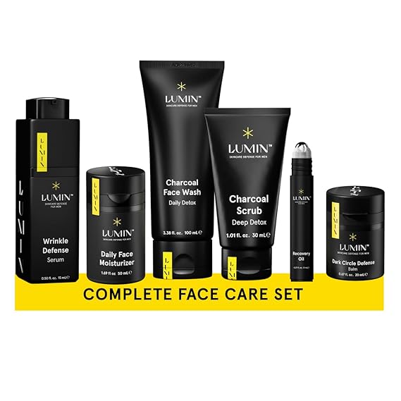Lumin Mens Skincare Set Complete Face Care Kit with Charcoal Face Wash, Scrub, Moisturizer, Wrinkle Serum, Recovery Oil & Eye Balm, Korean Skincare Routine