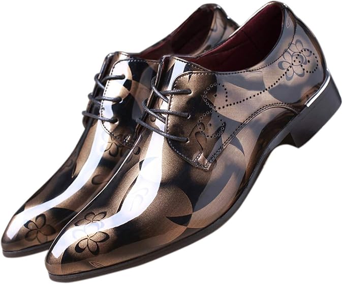Men Fashion Shoes Dress Pointed Toe Floral Patent Leather Lace Up Oxford Black Brown Red Grey