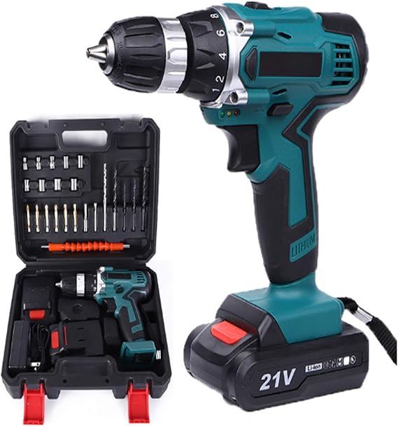 Cordless Drill Driver 21V-32Nm Lithium-Ion Combi Drill, Electric Screwdriver, Accessory Kit, LED Work Light, Quick Change 2pcs Battery & Charger Included, Compact
