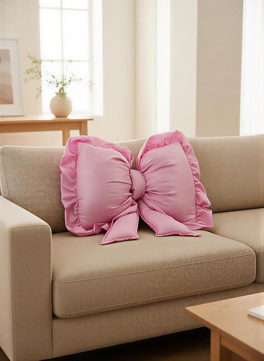 Pink Bow Pillow, 18x14 Inches Decorative Bow Throw Pillows Lumbar Pillow for Sofa Bed Couch Aesthetic Home Decor