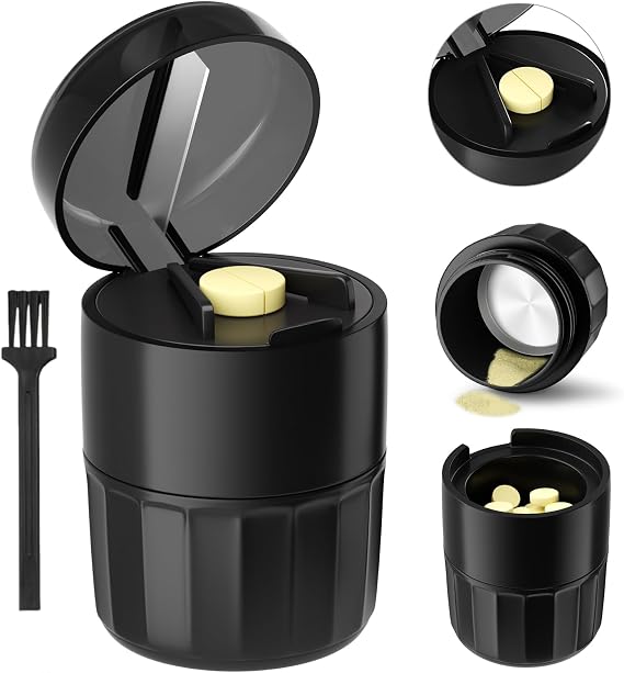 Renmingfed 3-in-1 Pill Crusher Pills Grinder, Pill Crushers Fine Powder with Stainless Steel Grinding Pestle, Pills Grinders for Elderly and Pets with Tablet Cutter and Storage (Brush Included)