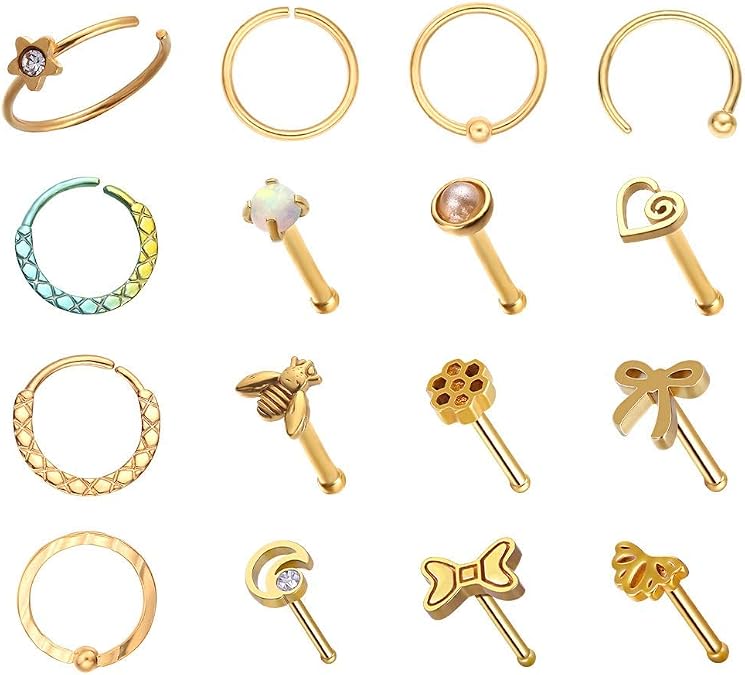 WASOLIE 16 PCS Gold Nose Studs for Women Surgical Steel Nose Piercings Jewelry Screw Men Black Nose Piercing Rings.