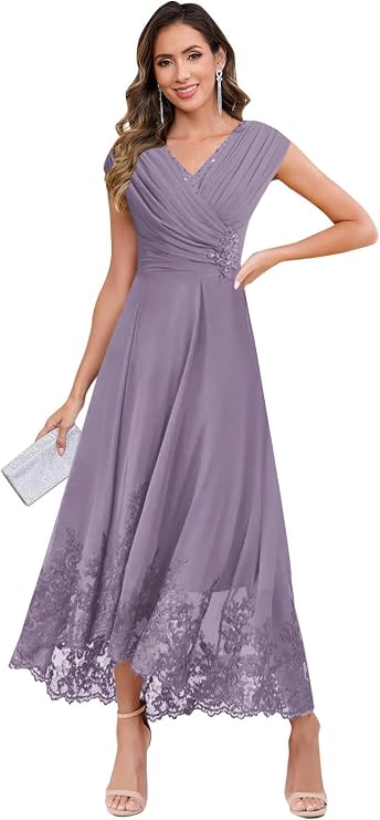 Tea Length Mother of The Bride Dresses Cap Sleeve Chiffon Lace V Neck A Line Long Formal Evening Party Gown