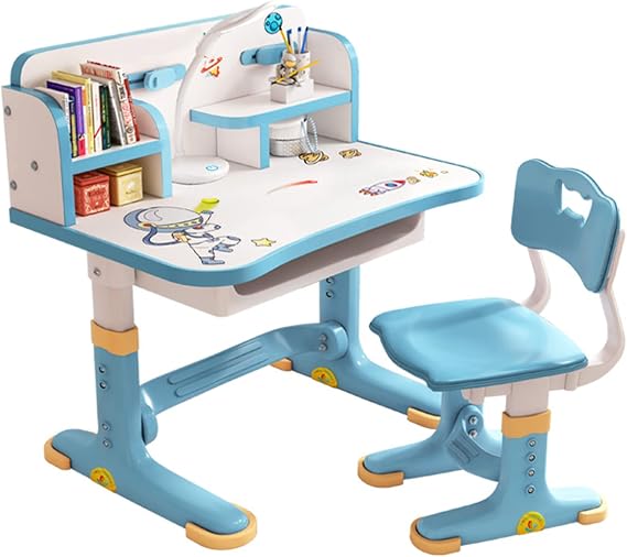 Cuteam Small Desk, Desk Chair Set, Widened Desktop Multi Separation Cartoon Pattern Kids Adjustable Height Study Table with Drawer Chair