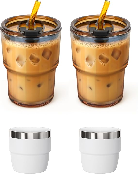 2 Pack 13 oz Glass Tumbler/Iced Coffee Cup with 2 Pack 4 oz Espresso Cups