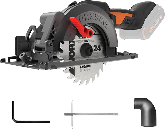 WORX Cordless Compact Circular Saw, 20V 4-1/2-Inch Brushless, WX531L.9 | Battery not included, One-Hand Operation, Up to 6,100 RPM, 0-46 Degree Bevel and 1-1/2-in Cutting Depth, PowerShare