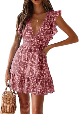 Women Floral Mini Dress Sexy V Neck Ruffle Flutter Sleeve Polka Dot Summer Dresses