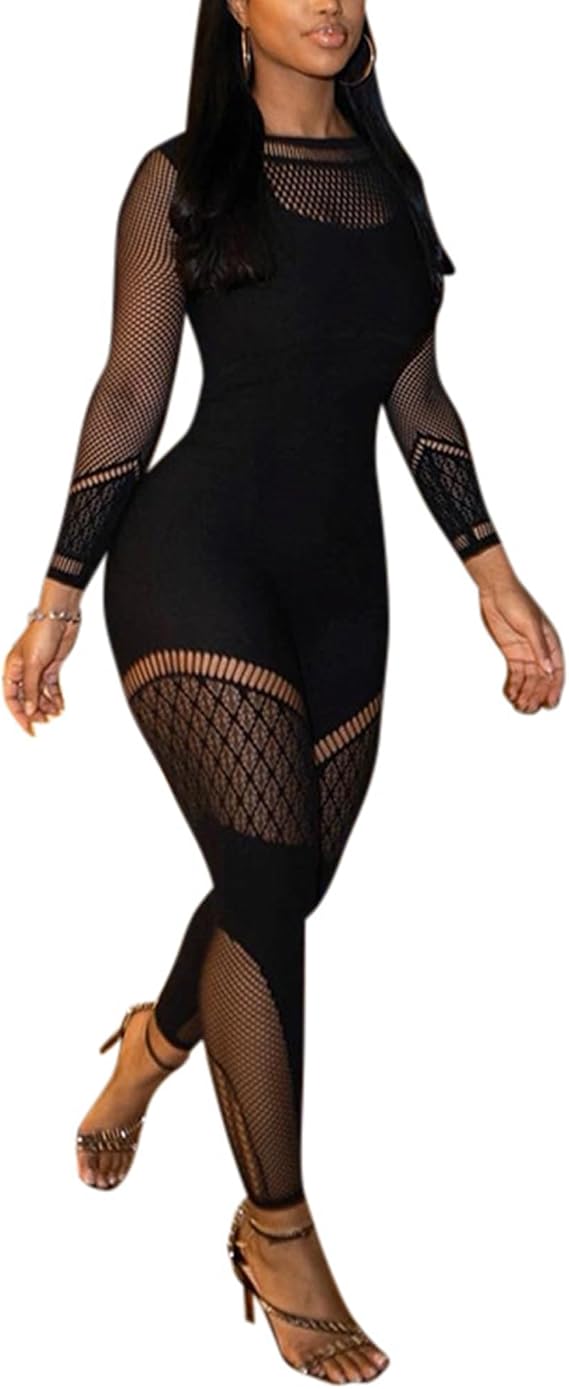 VOIKERDR Black Jumpsuit for Women Sexy Bodycon Mesh Hollow One Piece Jumpsuit See Through Romper Trendy