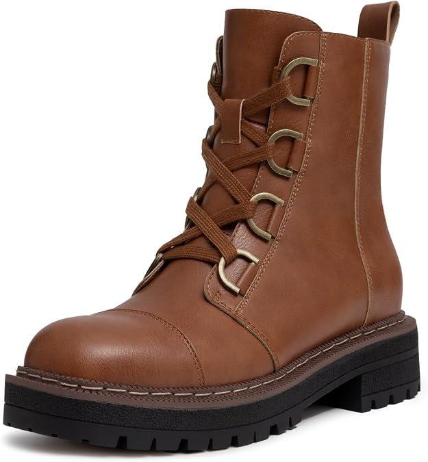 Athlefit Women's Low Chunky Heel Lace-Up Platform Ankle Combat Boots