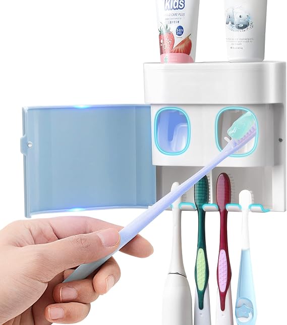 GFWARE Wall Toothbrush Holder and Toothpaste Dispenser with Cover, Blue | Automatic Toothpaste dispenser for Kids, Bathroom Storage Organizer with Dust Cover, Self Adhesive