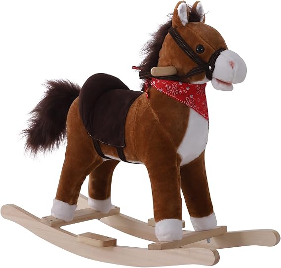 Qaba Kids Ride on Rocking Horse Plush Toy with Realistic Sounds Red Scarf | for Over 3 Years Old, Birth Gift