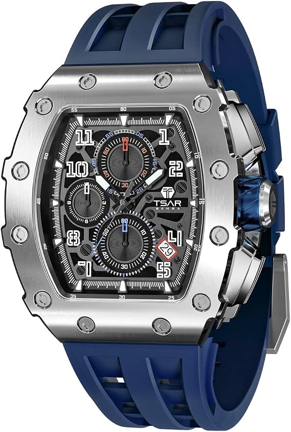 TSAR BOMBA Luxury Men's Chronograph Watch Sapphire Glass Japanese Quartz Movement 50m Waterproof Silicone Strap Classic Barrel Design Luminous Calendar