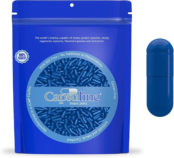 Capsuline Gelatin Capsules Size 0 DIY with Unique Lock Technology - Kosher Certified - Pure Bovine Gel Capsules Empty & Gluten Free - 1000 Count, Blue/Blue