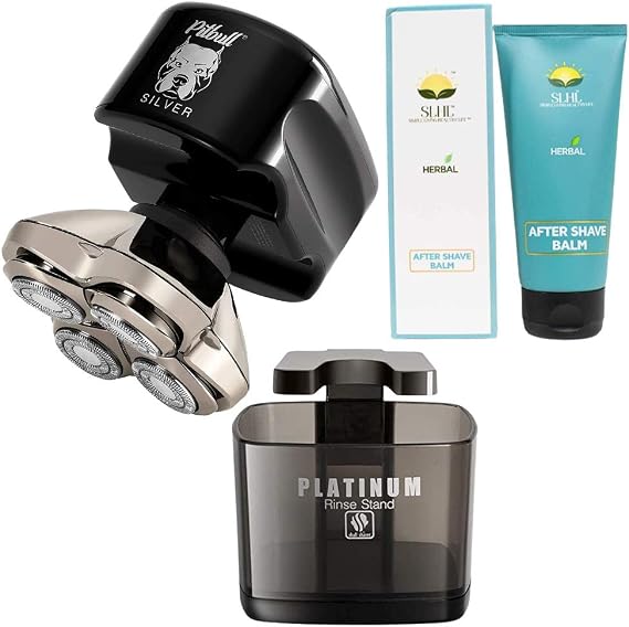 Buy a Skull Shaver Pitbull Silver PRO Electric Razor Along with Platinum Rinse Stand and After Shave Balm, Male Grooming Kit