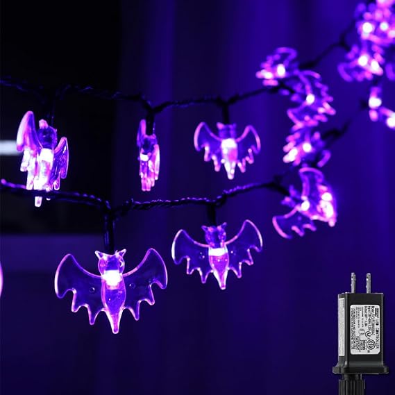 RECESKY 70 LED Bat String Lights - 22.6ft Purple Halloween String Light with Auto Timer, Extendable, 8 Modes Waterproof Spooky Lighting for Outdoor Garden Holiday House Halloween Party Decorations