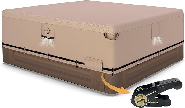 Qh.home IP65 Waterproof Hot Tub Cover, Wind & UV Resistant 600D Polyester 85x85 Spa Cover for Hot Tub, with Ratchet Strap System, Fits 84x84,83x83,82x82,81x81,7 ft x 7 ft Square SPA,Wheat