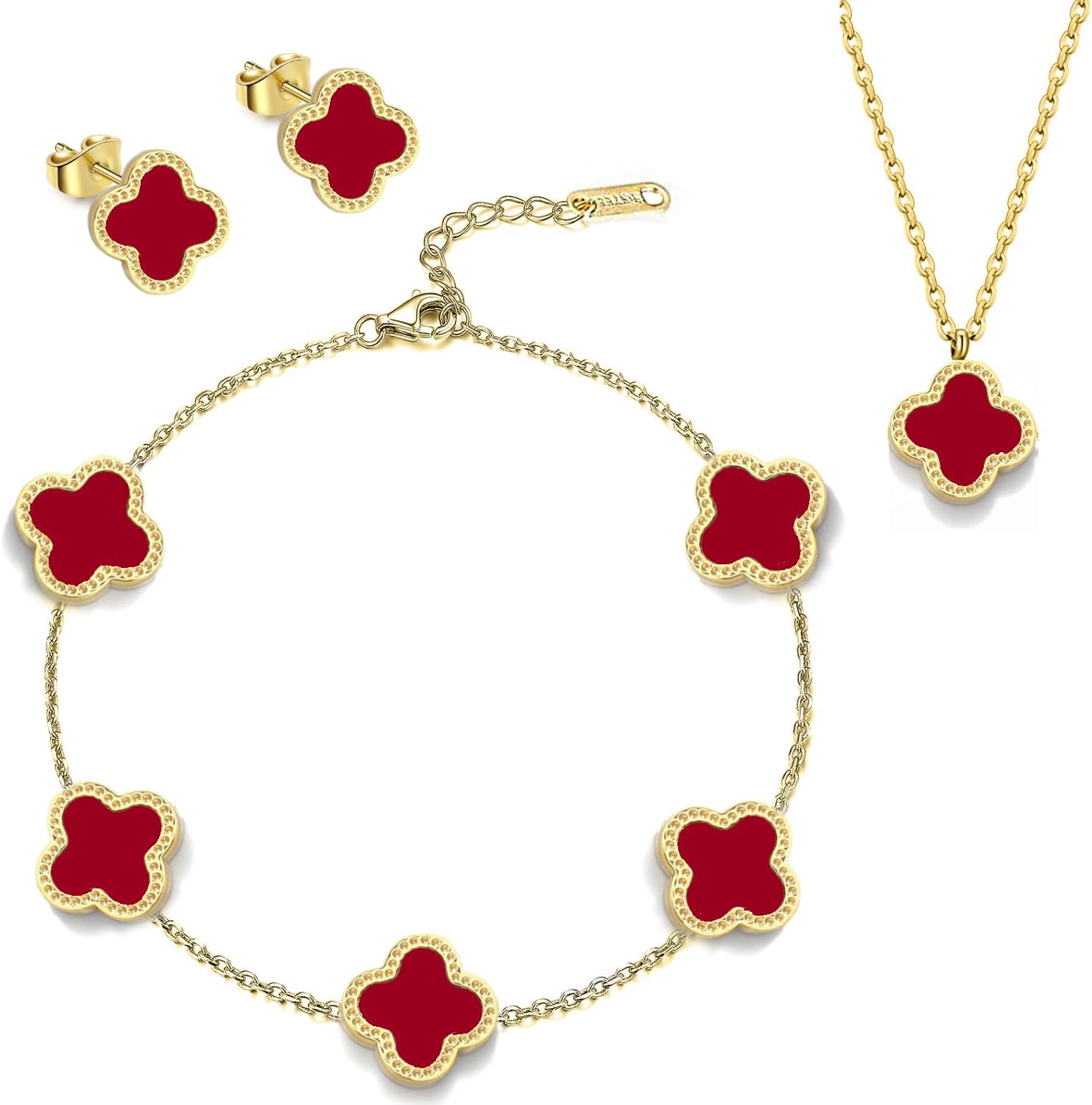 Clover Necklace Pendant Earring Bracelet Set | Designer Jewelry Set for Women | Red