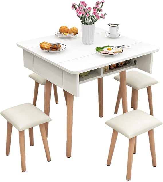 Foldable Dining Table, Gateleg Table, Space Saving Drop Leaf Table, Fold-Down Dining Table with Storage Shelf, Seats 2-6, for Studio, Small Apartment, Balcony, Dorm(White,80 * 80cm)