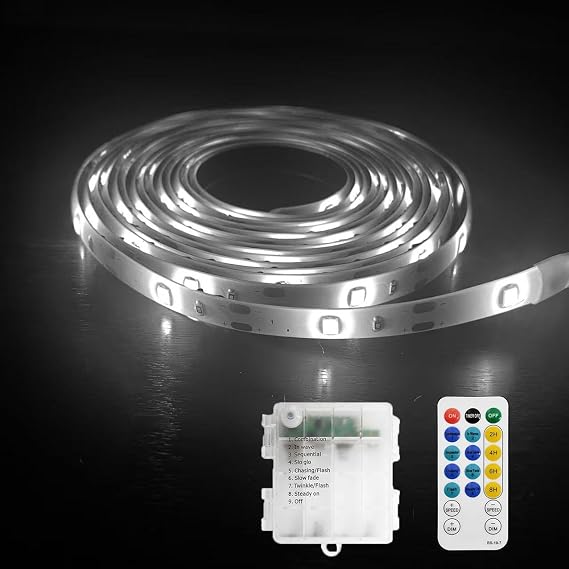 Battery Powered Led Strip Lights White with Remote, 8 Modes, Timer, Dimmable, Self-Adhesive, Cuttable, 9.8FT 90Led Strip Lights Waterproof for TV Kitchen Cabinet Cupboard TV Bedroom Decor