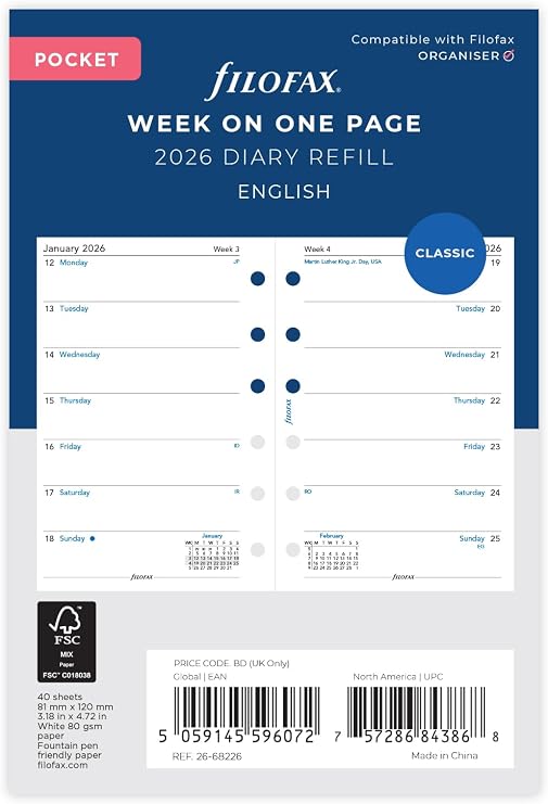 Filofax Pocket week per page English 2026 diary 26-68226