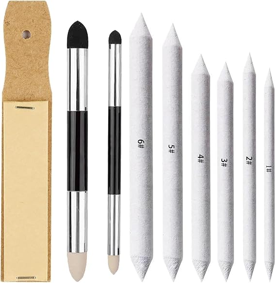 9Pcs Art Blending Stumps Set, Dual Tip Sponge Pens with Sandpaper Sharpener | Compressed paper stumps, washable dual-tip pens, for charcoal, graphite & pastel blending, shading & smooth artwork effects