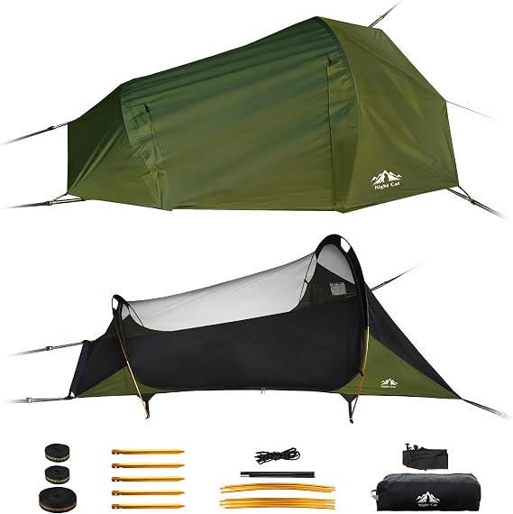 Night Cat Hammock Tent for 1 Person: Triangle Flat Bottom Hammock with Mosquito Net and Outdoor Camping Waterproof Tarp for Backpacking in Jungle Army Green