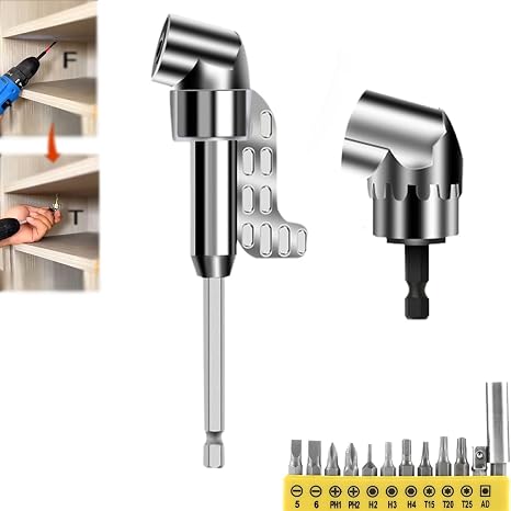 105 Degree Right Angle Drill Adapter, New Right Angle Head Drill Driver Extension Bit Power Screwdriver Socket Adapter, 1/4" Hex Shank Driver Angle Drill Attachment for Household Work (Short+Long)