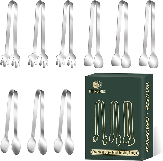 9-Piece Mini Serving Tongs, Stainless Steel Small Food Tongs - 4.8" Appetizer & Ice Cube Tongs