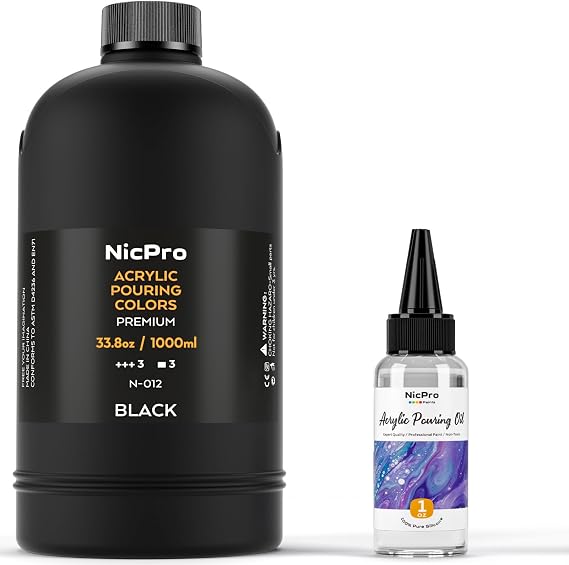 Nicpro Jet Black Color Acrylic Pour Paint, 33.8 Ounce Pre-Mixed Pouring Paint Supplies with Silicone Pour Oil & Gloves for Canvas, Rock, Wood Cell Creation Flow DIY Art Painting, Ready to Pour | Supplies with Silicone Pour Oil & Gloves for Canvas, Rock, Wood Cell Creation Flow DIY Art Painting, Ready to Pour