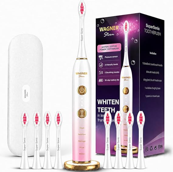 Wagner Stern WHITEN+ Electric Toothbrush, 48,000 VPM, Pressure Sensor, 5 Modes, 8 Brush Heads, Travel Case
