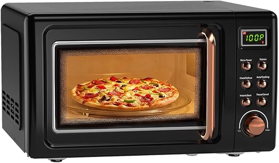 0.7Cu.ft Mini Microwave Countertop w/ 5 Micro Power, 700W | Retro Microwave w/Defrosting Settings,Glass Turntable & Viewing Window,LED Display,Child Lock, Perfect for Small Space, Black
