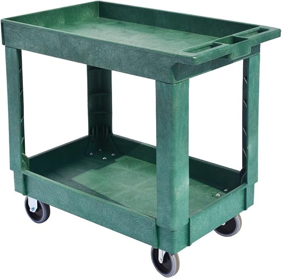 Heavy-Duty Rolling Storage Cart with Open Plastic Shelves and Tall Lip, 500 LB Capacity Utility Cart with Tray Top, Lightweight Wheeled Cart for Garage, Workshop, and Warehouse (Green)