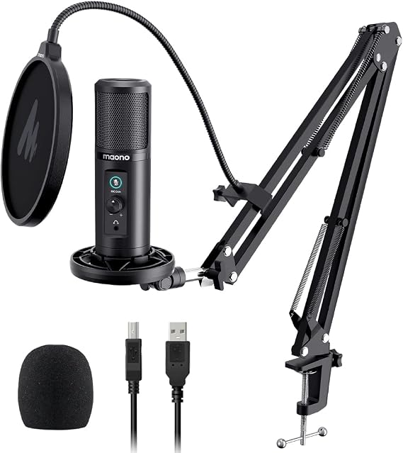 MAONO Condenser PC Microphone w/USB Cable/Boom Arm/Pop Filter/Shock Mount | Computer Studio Mic with Mute Button, Gain Knob, Headphone Monitor for Podcast Stream Record Singing Content Creation, PM421