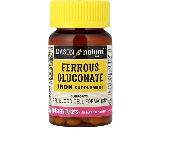 Mason Natural Ferrous Gluconate - Supports Red Blood Cell Formation, Gentle on Stomach Iron Supplement, 100 Tablets