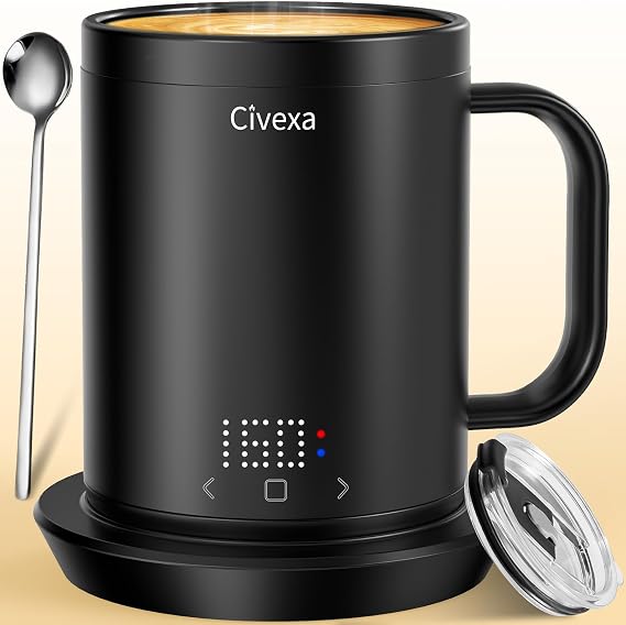 Coffee Mug Warmer with LED Pattern Display, Rechargeable Heated Coffee Mug with 1C Temperature Accuracy, Ideal for Coffee, Tea, Milk & Water