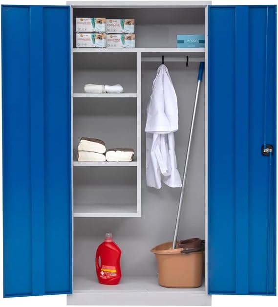 furni24 Metall Putzmittelschrank–Wäscheschrank aus Stahl mit blauen Türen Zweipunktverriegelung incl. 2 Schlüsseln Kleiderspind Stahl Lagerschrank Werkzeugschrank fertig montiert-Grau 92x195x42cm