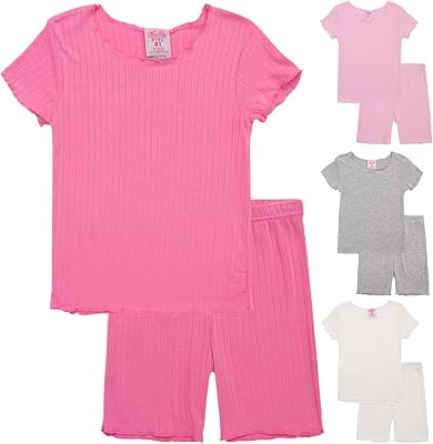 Mon Petit Girls Pajama Set - 8 Piece Rib Knit Sleepwear Shirt and Pajama Shorts 4-6X