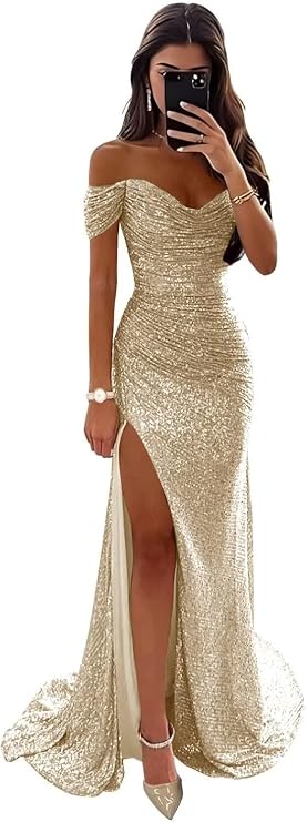 Off Shoulder Sequin Mermaid Prom Dresses with Slit