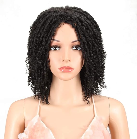 Style Icon Dreadlock Wig Short Twist Wigs for Black Women Afro Curly Synthetic Wig 6 inch Faux Locs Braided Crochet Hair Wigs (Color:1B)
